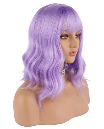 Lavender Purple Wig Short Colorful colored Curly Wavy Synthetic Bob Wigs with Air Bangs 14" Natural Wigs for Women