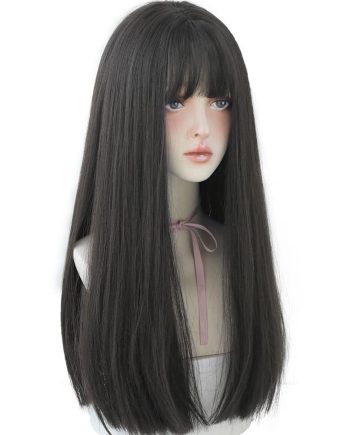 22 Inches long Hair Wig for Women Black Synthetic Hair Natural Long Straight Wig With Bangs Party  Wig for Girl (Black brown)