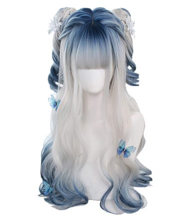 Irregular Coloring Body Wave Synthetic Long Hair Wig Blue Gradient White Gradient Blue  Beauty Japanese Girl  Wig