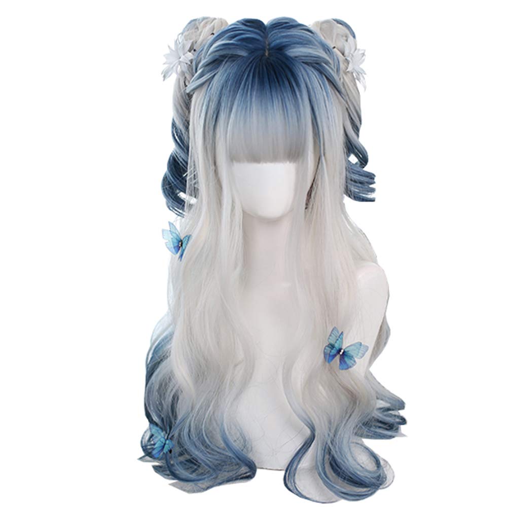 Irregular Coloring Body Wave Synthetic Long Hair Wig Blue Gradient White Gradient Blue Beauty Japanese Girl Wig