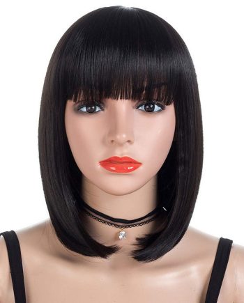 Short Straight  Wig Heat Resistant Hair with Blunt Bangs Natural Looking Cosplay Costume Daily Wigs (12", Natural Black)