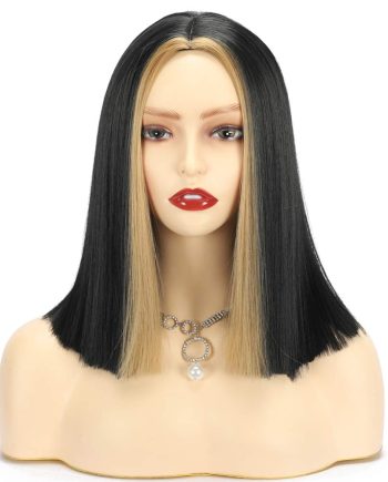 Black  Wig With Blonde Highlight Middle Part  Wig With Bangs Should Length Synthetic Hair Wig Natural Look  Wig For Wommen Straight Medium Length Heat Resistant Highlight  Wig 14inch
