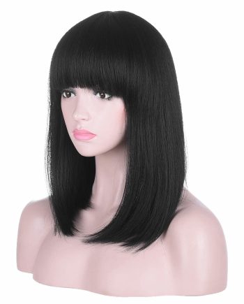 15 Inch Short Straight Black Bob Wig with Bangs | Natural Heat Resistant Synthetic Hair for Women