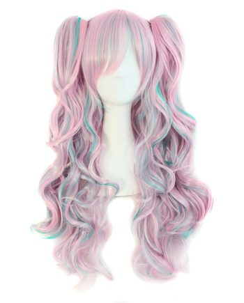 Multi-color  Long Curly Clip on Ponytails  Wig (Pink/Blue)