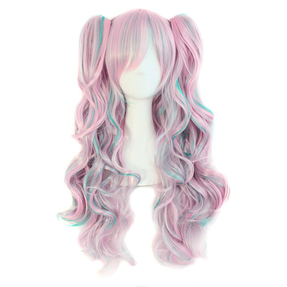 Multi-color Long Curly Clip on Ponytails Wig (Pink/Blue)