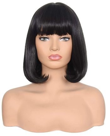 Short Straight  Wig Heat Resistant Hair with Blunt Bangs Natural Looking Cosplay Costume Daily Wigs (14", 2# Black)