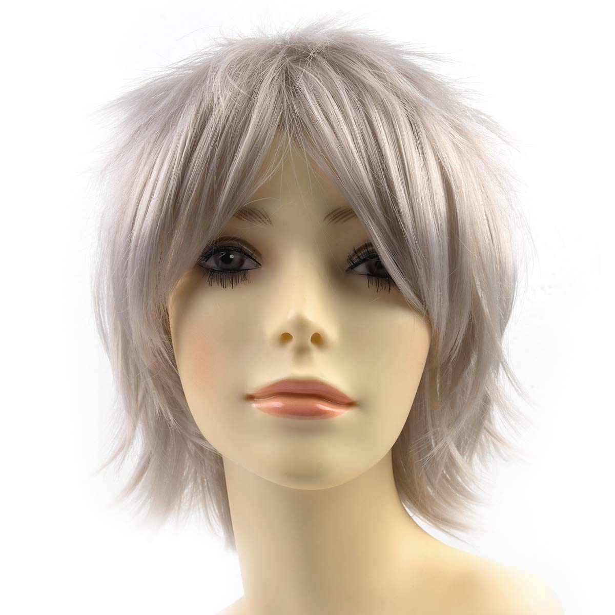 Anime Halloween Wig Silvery Grey for Party, Synthetic Layered Short Hair Wigs with Bangs, Pastel Wigs for Women Men