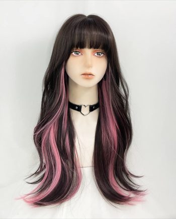 Long Wavy Wig for Women Synthetic Curly Wig with Bangs Fibre  Wig for Girls Daily Use Colorful Wigs (Black+Brown+Pink)