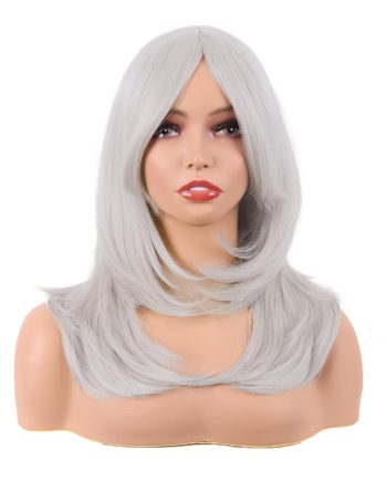 20 Inch/50 cm Long Layered With Bangs Straight Synthetic fiber Shoulder Length Hair for Daily Use or Party Wig (Silver)