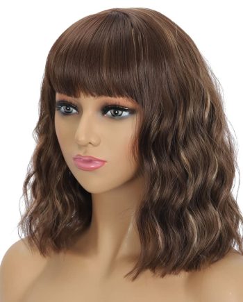 Short Wavy Brown  Wig with Bangs for Women,Short Brown Wavy Wig with Bangs,Shoulder Medium Length Wavy Wigs Brown Mix Blonde Highlights Synthetic Realistic Wig Cosplay (Brown Mix Blonde)