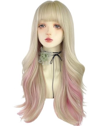 Long Wavy Wig for Women Synthetic Curly Wig with Bangs Fibre  Wig for Girls Daily Use Colorful Wigs (Gold+Pink)