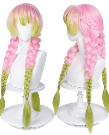 Anime Pink and Green Wig for   Braided Hair Wig with Pigtails Halloween Party Wig + Cap