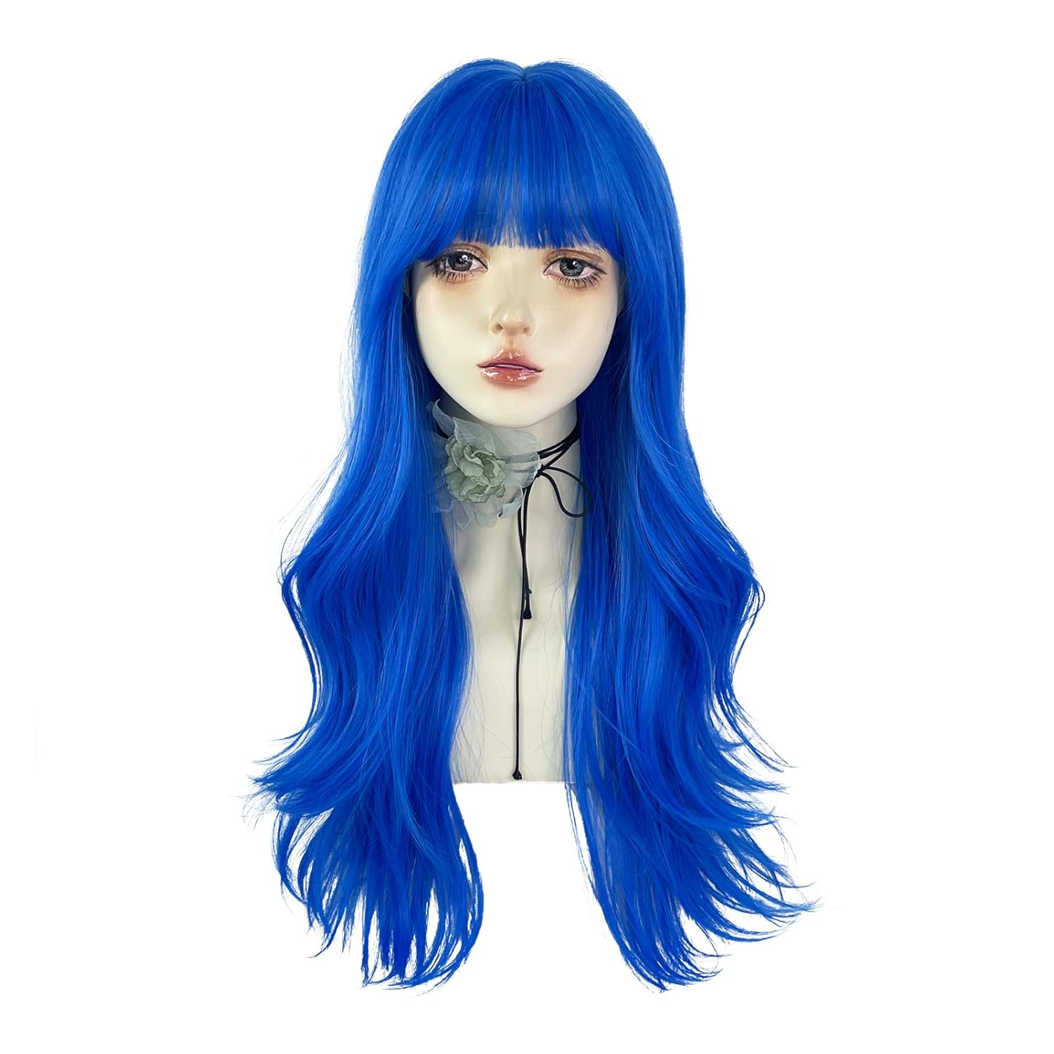 Blue Long Wavy Wigs with Bangs for Women Loose Wavy Wig Curly Wavy Synthetic Wig for Girl Colorful Costume Wigs