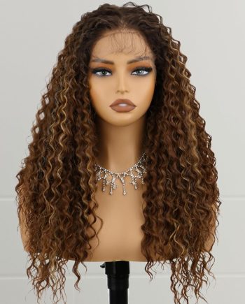 Ombre Blonde Synthetic Lace Front Wig 24 inch Brown Highlight 13x4 HD Long Curly Wavy Lace Front Wigs for Women Daily Party Use