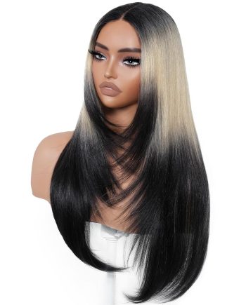 Ombre Blonde Black   Glueless Wigs Pre Plucked Pre Cut for Beginners Synthetic Lace Front Wigs With Bangs Long layered Straight Dark Roots 26 Inch 3 Seconds to  for Beginners