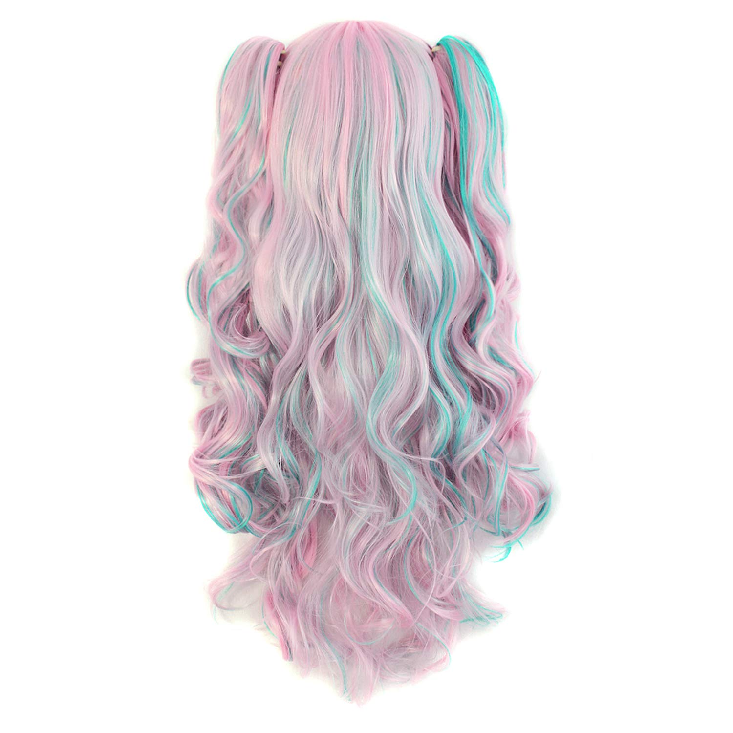 Multi-color Long Curly Clip on Ponytails Wig (Pink/Blue)