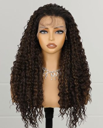 24 Inch Dark Brown Curly Synthetic Lace Front Wig with Baby Hair Brown Highlight Long Curly Wavy Wigs for Women Daily Party Use