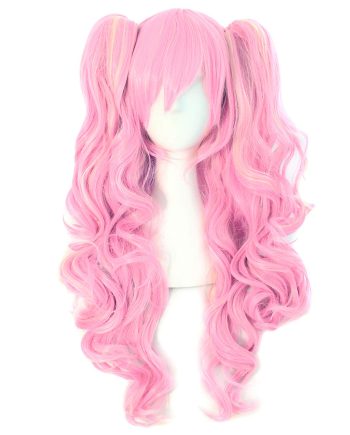 Multi-color  Long Curly Clip on synthetic Ponytails  Wig (Pink/Blonde)