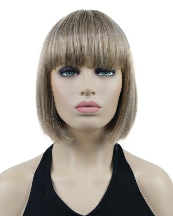 8" Straight Short  Hair Flat Bangs Cute Central Dot Skin Top Heat Resistant Synthetic Wigs (H16/613 Blonde Highlighted)