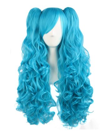 28"/70cm  Long Curly Clip on Ponytails  Wig (Azure Blue)