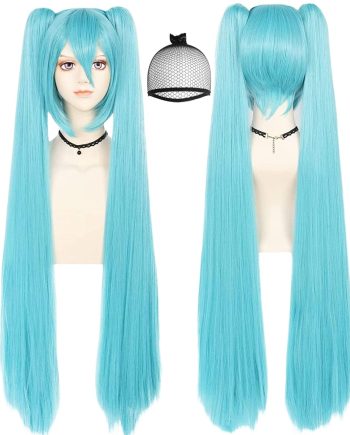 48inch/120cm Long Blue Wig【+Wig Cap】with Double Ponytails for Women Long Straight White Ponytail Wigs Blue Pigtails Wigs for  Straight Pigtail Wig for Halloween Party