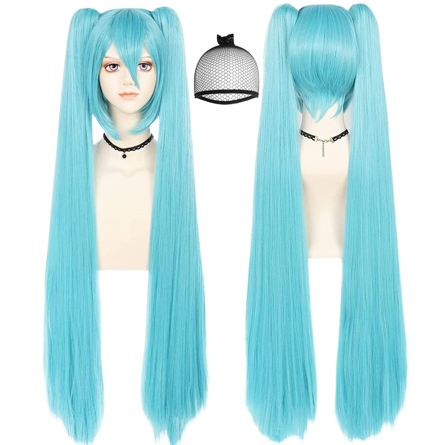 48inch/120cm Long Blue Wig【+Wig Cap】with Double Ponytails for Women Long Straight White Ponytail Wigs Blue Pigtails Wigs for Straight Pigtail Wig for Halloween Party