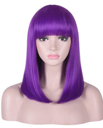 15 Inch Short Straight Purple Bob Wig with Bangs | Natural Heat Resistant Synthetic Hair for Women Costume Wigs