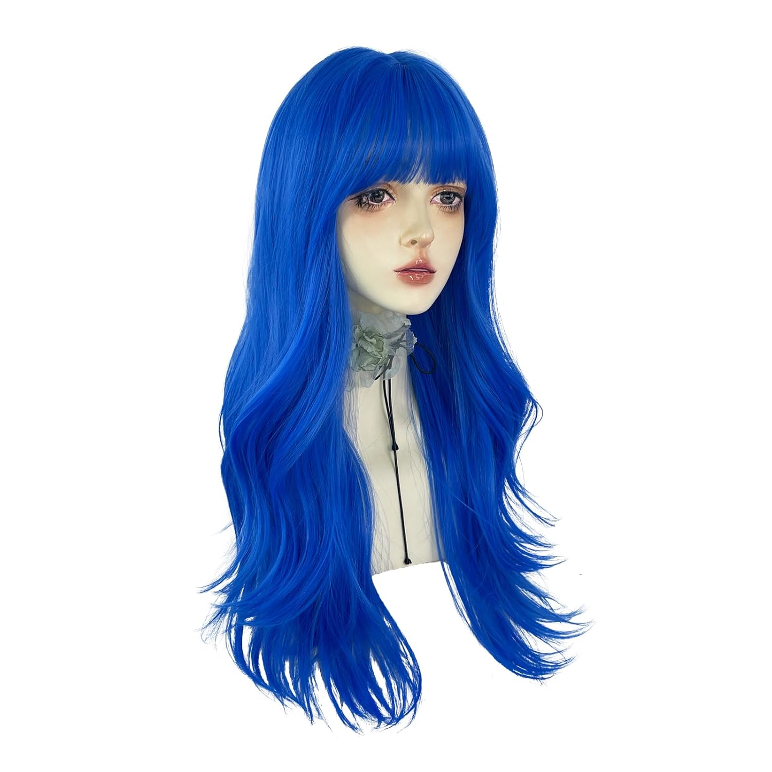 Blue Long Wavy Wigs with Bangs for Women Loose Wavy Wig Curly Wavy Synthetic Wig for Girl Colorful Costume Wigs