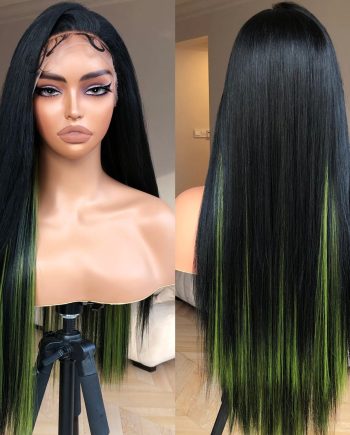 13x4 HD Lace Frontal Wig Black and Green Synthetic Lace Front Wig Pre Plucked Natural Looking Straight Wig 26inch Black with Green Stripes Wig
