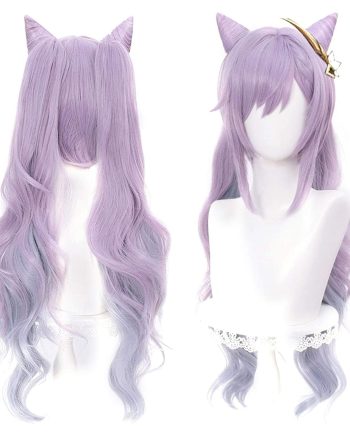 SL Purple Keqing  Wig with Horns Pigtails Game Anime Pastel  Hair Wigs with Twin Ponytails + Cap Long