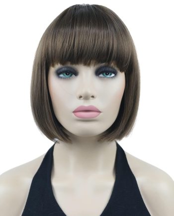 8" Straight Short  Wigs Heat Resistant Synthetic Hair Flat Bangs Cute Central Dot Skin (10 Medium Golden Brown)