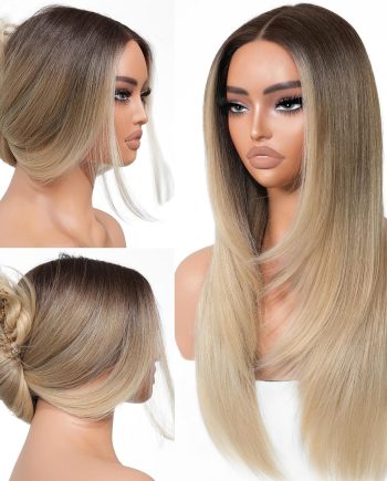 Ombre Blonde   Glueless Wigs Pre Plucked Pre Cut for Beginners Synthetic Lace Front Wigs With Bangs Blonde Long Layered Straight Wigs 26 Inch 3 Seconds to  for Beginners