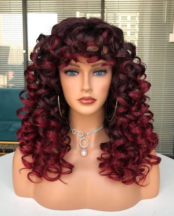 Curly Wig with Bangs for Black Women Kinky Long curly Shag Synthetic Hair Wigs (Ombre Red)