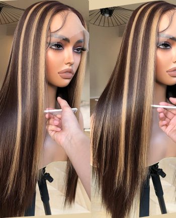 Highlight Lace Front Wig, Honey Blonde Lace Front Wig Pre Plucked Ready to , Glueless 13X5X1 Synthetic Lace Front Wigs 26inch, Expressive Ombre 4/30 Honey Brown Wig