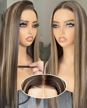 Highlight Wig, Synthetic Pre Plucked Pre Cut 6x4.5 Lace Front Wigs for Black Women 26inch 4/30 Brown Blonde Highlights Honey Brown Straight Wigs Beginner Friendly