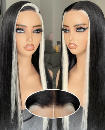 Glueless Synthetic Lace Front Wig, Black Blonde Skunk Stripe Pre Plucked Pre Cut 6x4.5 lace Long Straight Easy to  Put on  Wigs for Women 26inch