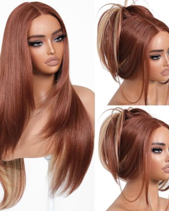 Blond   Glueless Wigs Pre Plucked Pre Cut for Beginners Synthetic Lace Front Wigs For Woman With Bangs Long layered Straight 26 Inch Ginger Highlights 3 Seconds to