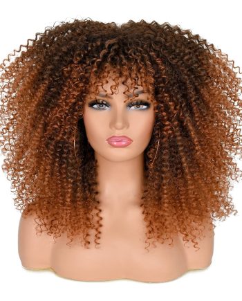 16Inch Curly Wigs for Black Women Black to Brown Afro Bomb Curly Wig with Bangs Synthetic Fiber Glueless Long Kinky Curly Hair