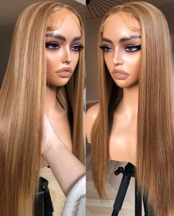 Honey Blonde Lace Front Wig - Pre Plucked, Ready to , HD Glueless 13X5X1 - Highlight Synthetic Straight Wig for Women,  4/27 Ombre Honey Blonde