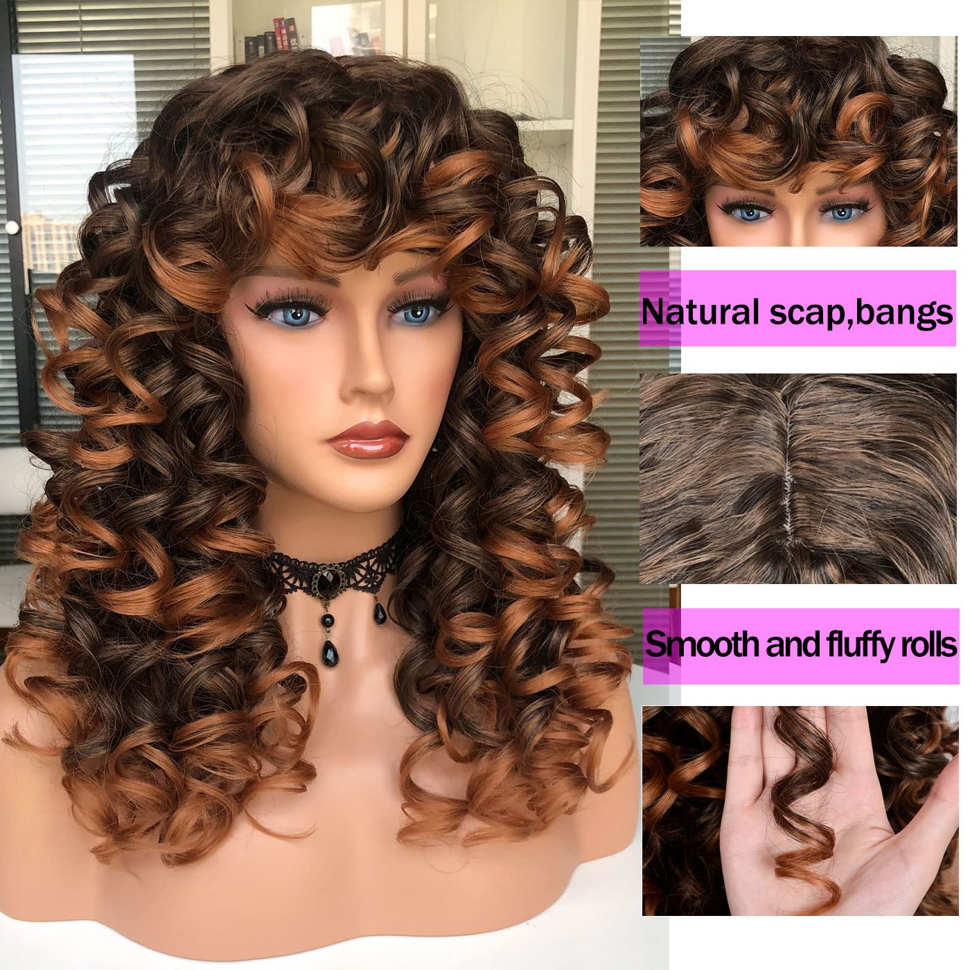 Curly Wig with Bangs for Black Women Ombre Brown Kinky Long Curly Wig Synthetic Hair Daily Use 17 Inch