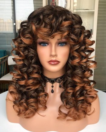 Curly Wig with Bangs for Black Women Ombre Brown Kinky Long Curly Wig Synthetic Hair Daily Use  17 Inch