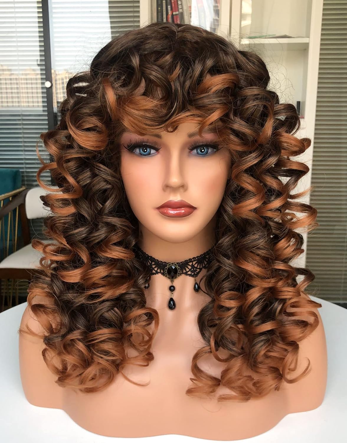 Curly Wig with Bangs for Black Women Ombre Brown Kinky Long Curly Wig Synthetic Hair Daily Use 17 Inch