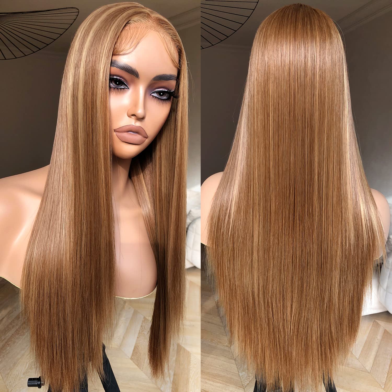 Honey Blonde Lace Front Wig - Pre Plucked, Ready to , HD Glueless 13X5X1 - Highlight Synthetic Straight Wig for Women, 4/27 Ombre Honey Blonde