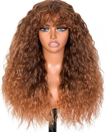 Ombre Browm Curly Wigs With Bangs for Women Lace Hairline Long Curly Browm Wig for Daily