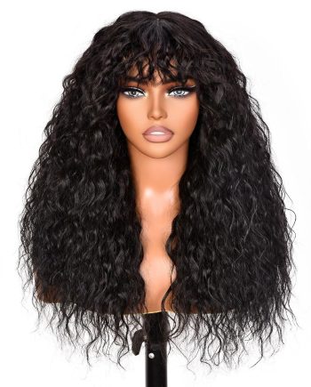 Black Curly Wigs With Bangs for Black Women Human Hair Fix Premium Fiber Long Black Wig for Daily