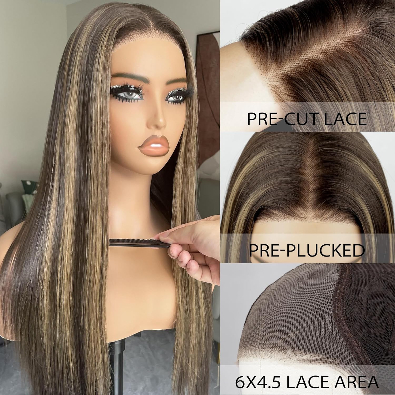 Highlight Wig, Synthetic Pre Plucked Pre Cut 6x4.5 Lace Front Wigs for Black Women 26inch 4/30 Brown Blonde Highlights Honey Brown Straight Wigs Beginner Friendly